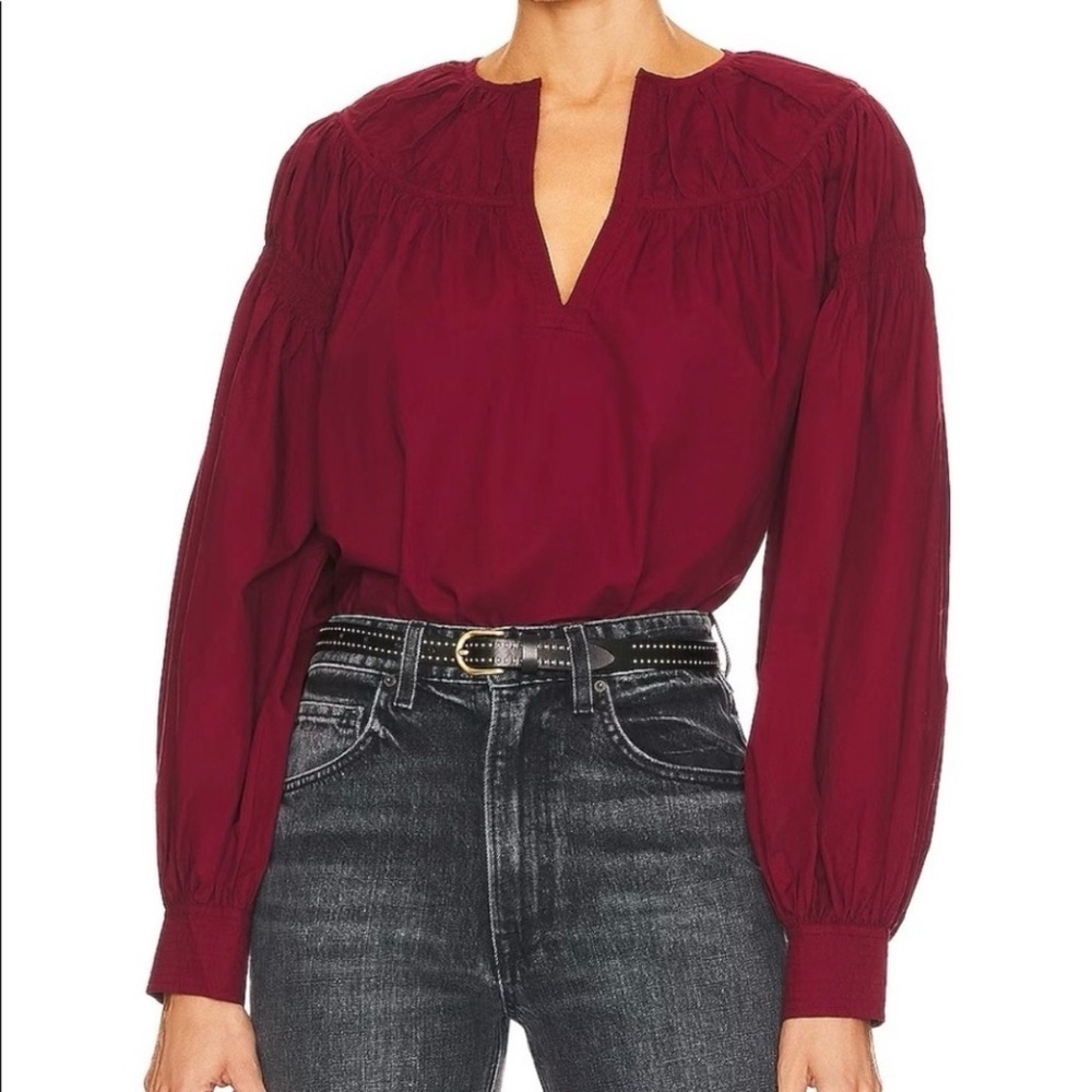Ulla Johnson Ora V-Neck Bishop Sleeve Blouse in Bordeaux